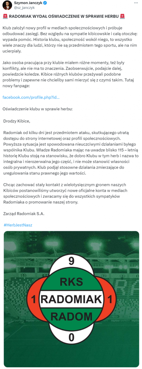 OŚWIADCZENIE Radomiaka w sprawie HERBU KLUBU!